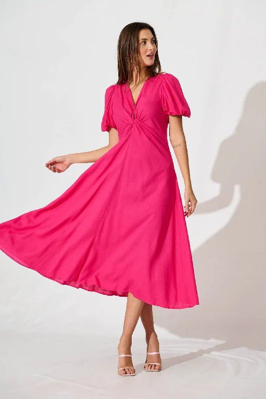 Midi dresses with pleated skirts for a timeless and elegant appealHilde Midi Dress In Hot Pink Linen Blend