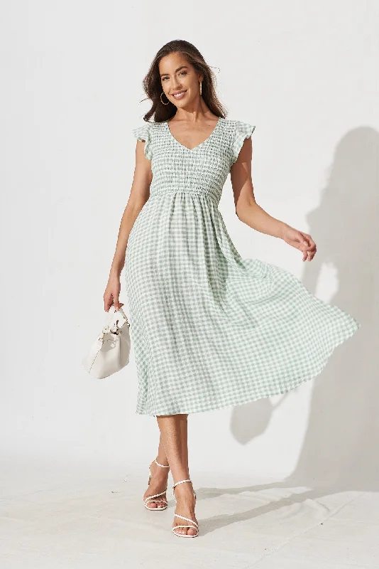 Jeannie Midi Dress In Green With White Gingham