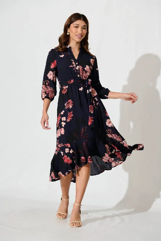 Midi dresses with tassel accents for a bohemian and free - spirited styleJemimah Midi Dress In Navy With Pink And Blush Floral
