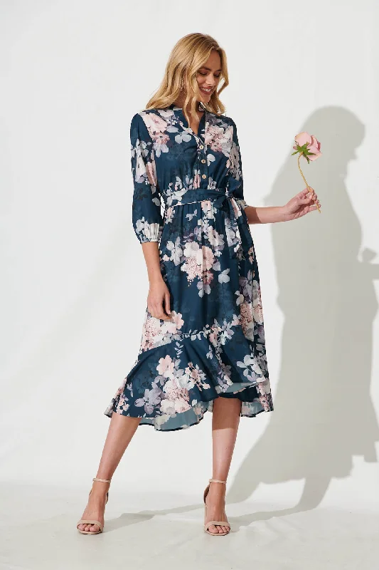 Jemimah Midi Dress In Teal With Blush Floral Print