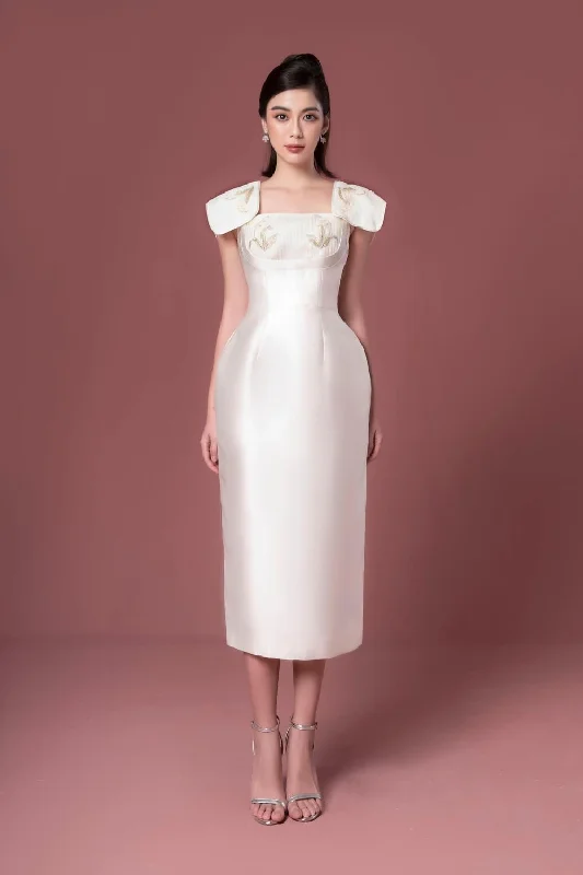 Sheath midi dresses with beaded embellishments for a formal occasionLily Sheath Cape Sleeved Taffeta Midi Dress