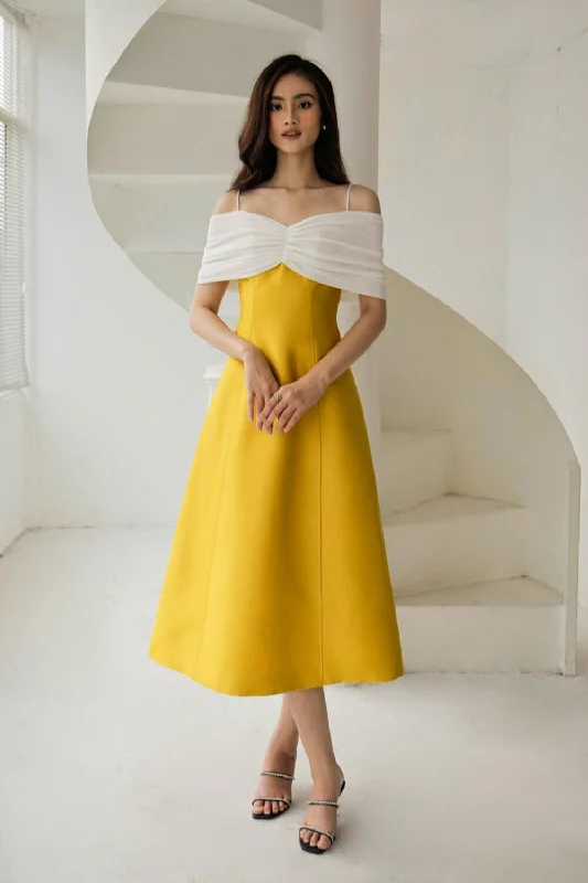Midi dresses with ruffled hems for a romantic date nightMelia A-line Open Shoulder Taffeta Midi Dress