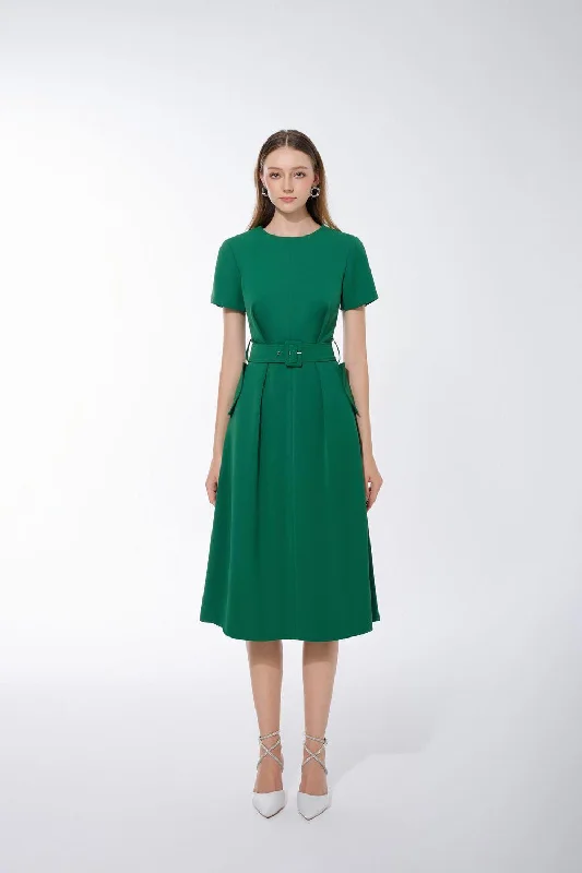 Miyeon A-line Round Neck Twill Midi Dress