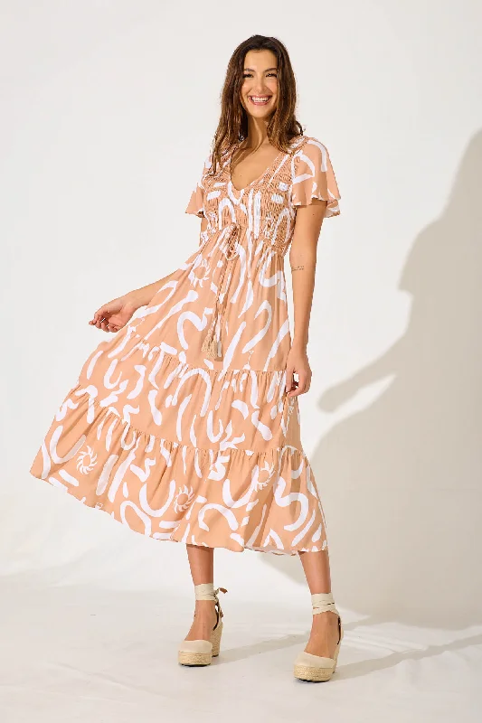 Ray Of Light Midi Dress In Beige With White Print