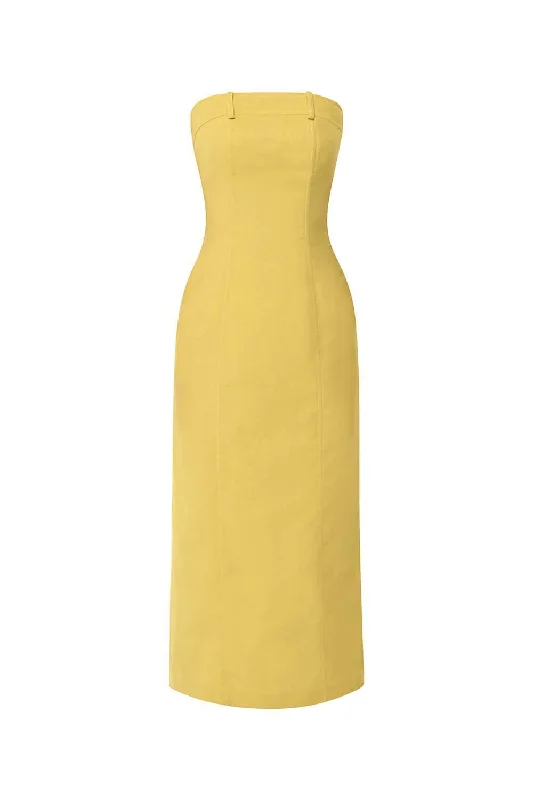 Wrap - style midi dresses in silk for a sophisticated office lookSandra Strapless Straight Across Neck Linen Blend Midi Dress