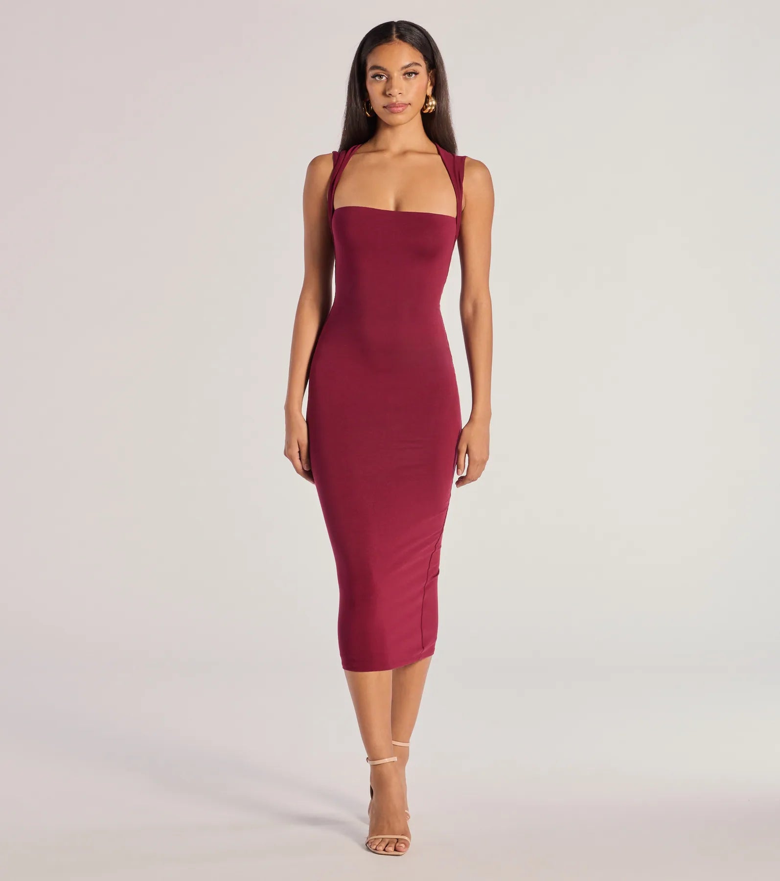 Midi dresses with pleated bodices for a classic and tailored lookServing Sleek Square Neck Bodycon Midi Dress