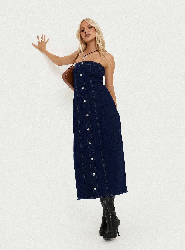 Sleeveless midi dresses with lace details for summer weddingsStoltz Denim Midi Dress Blue