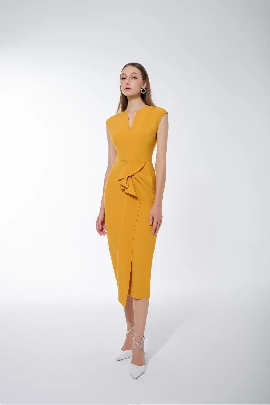 Tazanna Pencil V-Neck Crepe Midi Dress