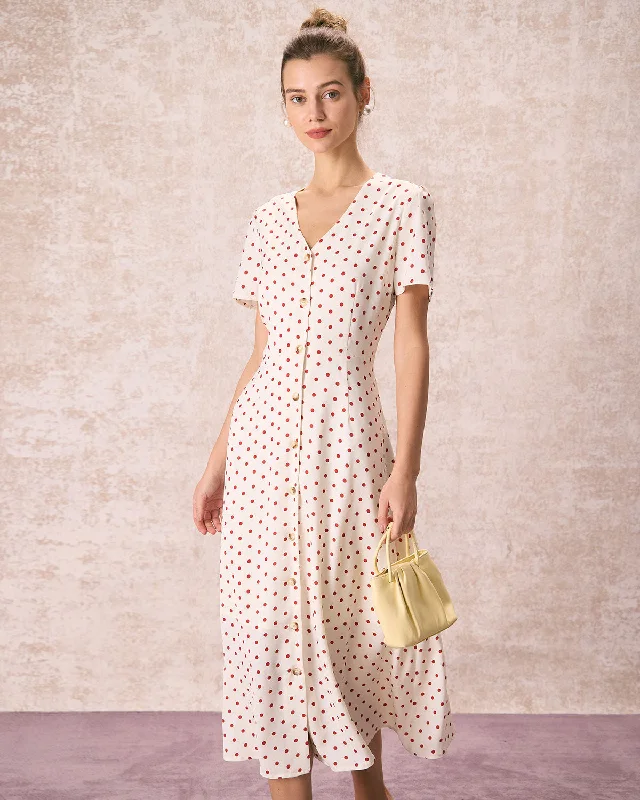 Midi dresses with halter necks for a stylish and comfortable optionThe Beige V Neck Polka Dot Button Midi Dress