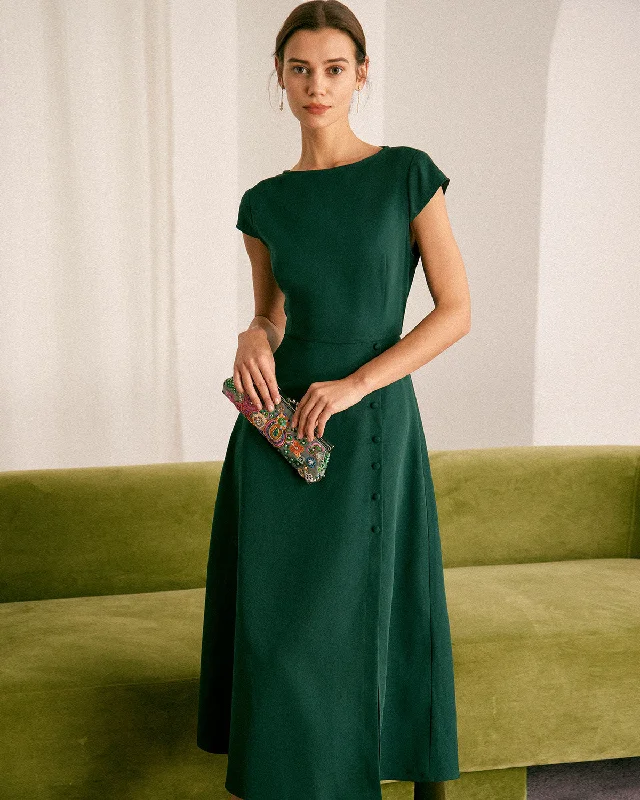 Midi dresses with lace - up fronts for a unique and adjustable styleThe Green Boat Neck Cutout Back Midi Dress