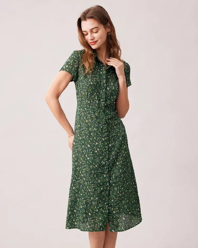 Midi dresses with gathered skirts for a full and flowing silhouetteThe Green Lapel Button Up Floral Midi Dress