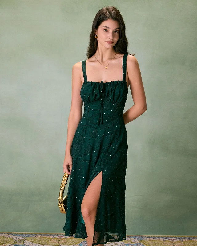 The Green Square Neck Jacquard Slit Midi Dress