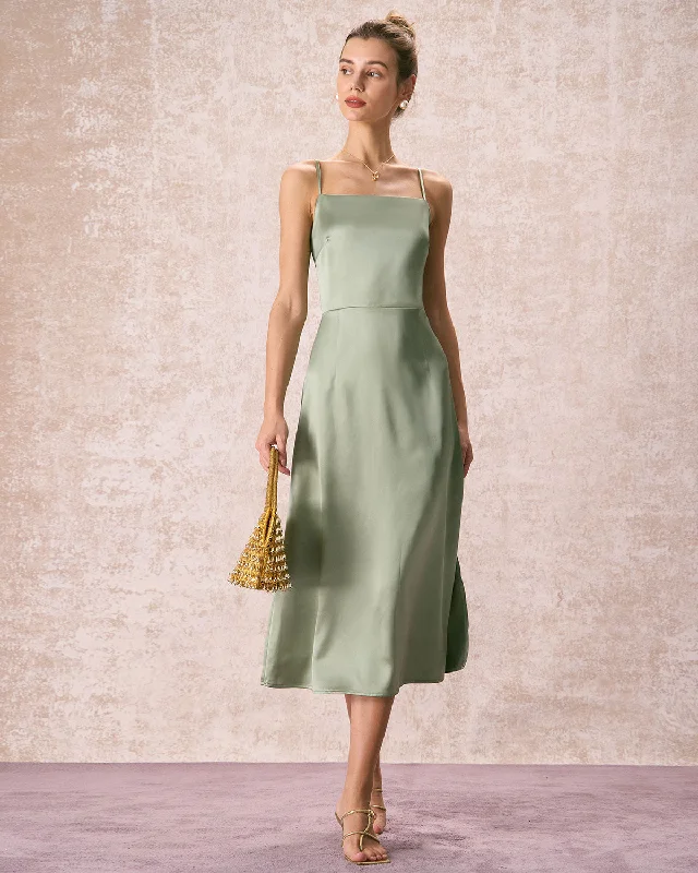 Maxi - inspired midi dresses with flowing fabrics for a beachy vibeThe Green Square Neck Satin Slip Midi Dress