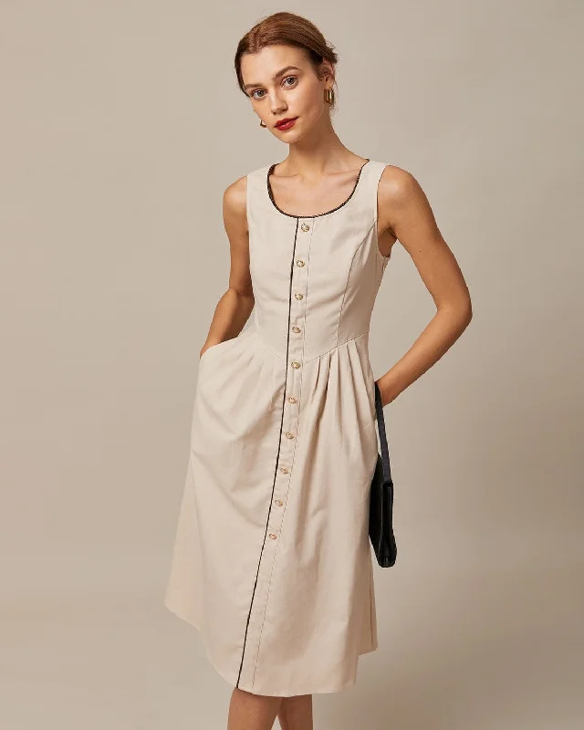 Midi dresses with V - necklines for a flattering and elongating effectThe Khaki Round Neck A-Line Midi Dress