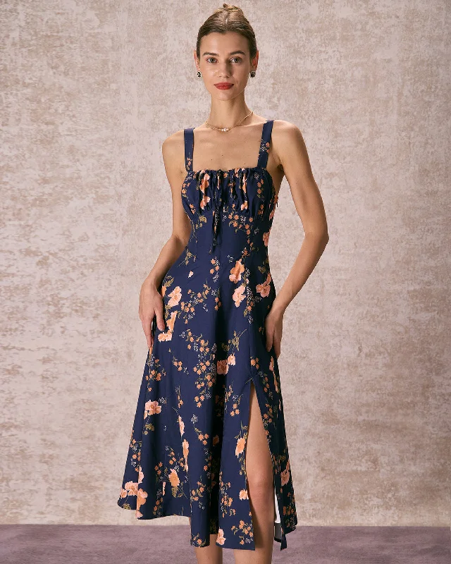 Midi dresses with asymmetric hems for a fashion - forward and dynamic appearanceThe Navy Lace Up Floral Ruched Midi Dress
