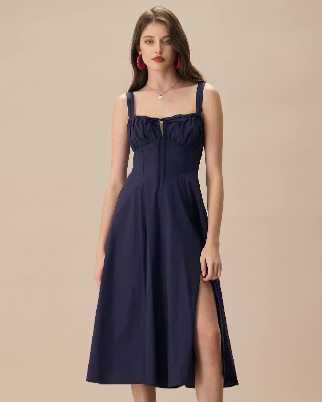 Midi dresses with gathered skirts for a full and flowing silhouetteThe Navy Square Neck Ruched Slip Midi Dress