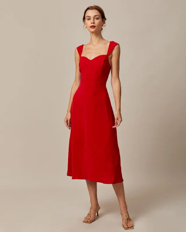 Midi dresses with ruched bodices for a feminine and fitted feelThe Red Sweetheart Neck Cap Sleeve Midi Dress