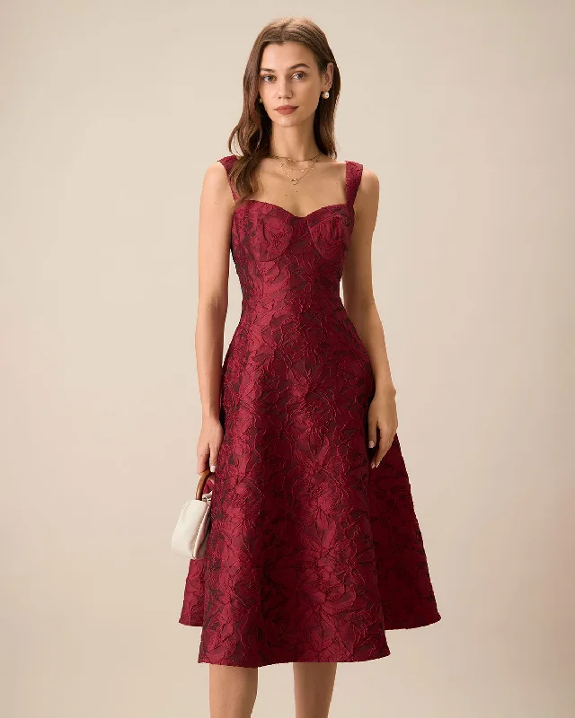 The Red Sweetheart Neck Jacquard Midi Dress