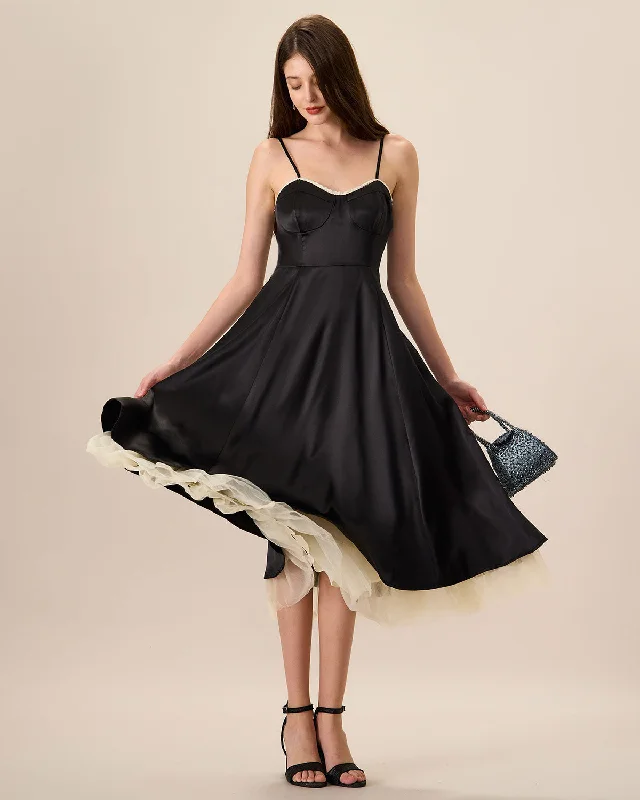 Midi dresses with ruffled hems for a romantic date nightWomen's Black Splicing Satin Slip Midi Dress