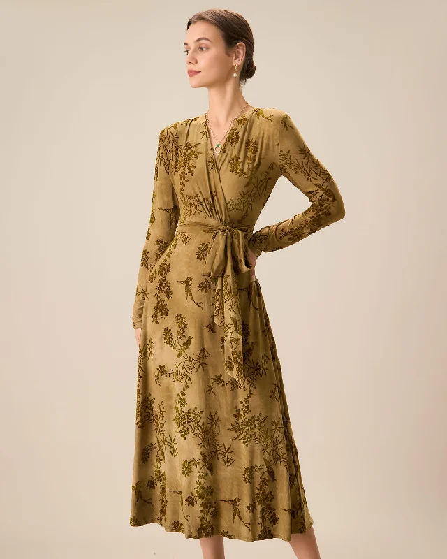 Midi dresses with button - front designs for a classic touchWomen's Yellow Ruched Wrap Midi Dress