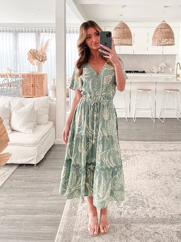 Midi dresses with puff sleeves for a vintage - inspired lookZahara Dress - Green Print