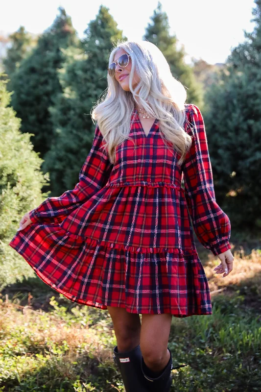 Mini dresses with tassel accents for a fun touchAdorably Demure Red Plaid Tiered Mini Dress