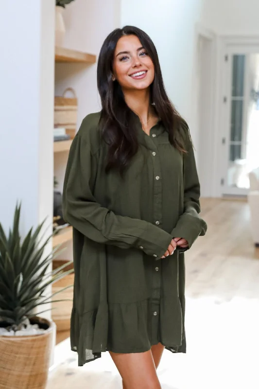 Mini dresses with side slits for a sexy appealApproachably Adorable Olive Button Front Mini Dress