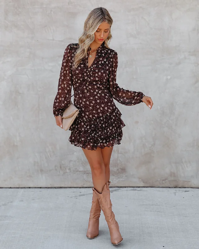 Mini dresses with patchwork designs for a unique styleAyesha Floral Ruffle Dress - Brown - FINAL SALE