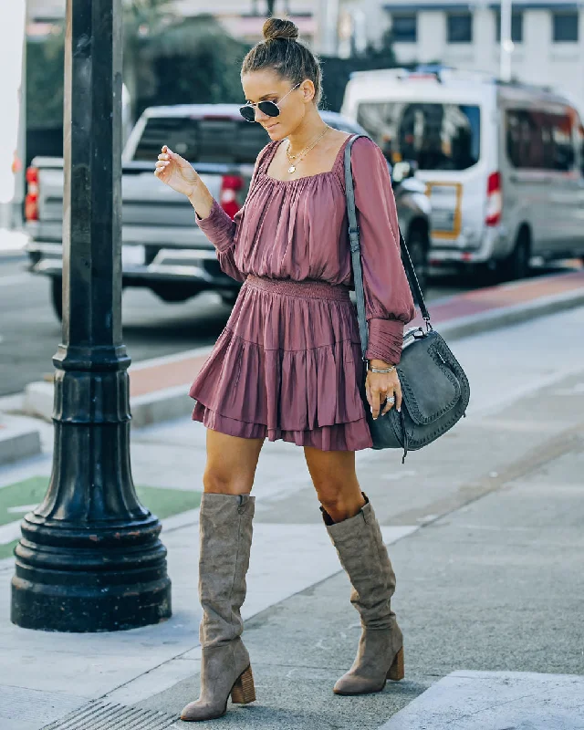 Animal print mini dresses for a bold statementAyla Smocked Ruffle Mini Dress - Dark Mauve - FINAL SALE