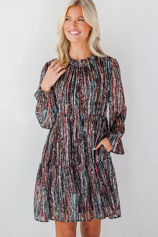 Mini dresses with gathered skirts for a voluminous effectBeautifully Poised Black Striped Tiered Mini Dress
