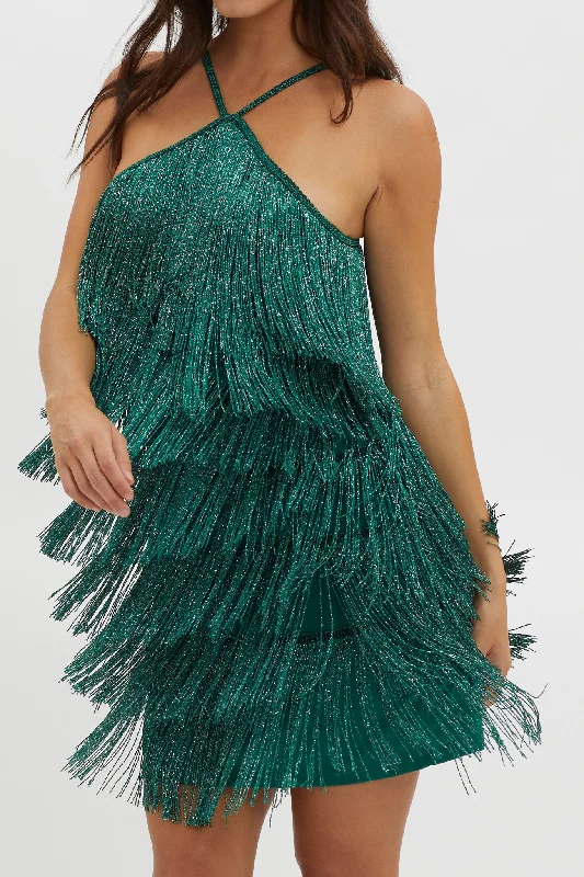 Boulevarde Fringe Trim Mini Dress Dark Green