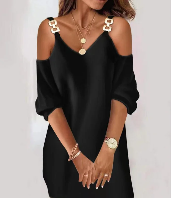 Mini dresses with cut - out details for a trendy lookBerryBetty - Women's Casual loose V-neck mid-sleeved dress