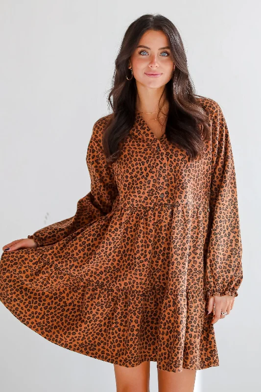 Mini dresses with spaghetti straps for a delicate lookFierce Charm Camel Leopard Tiered Mini Dress