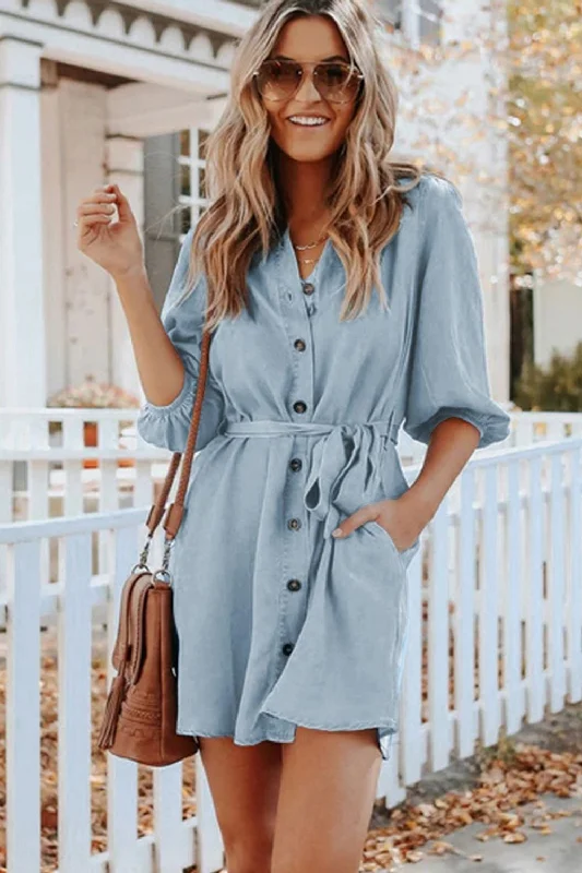 Hugo Tencel Pocketed Chambray Shirt Dress