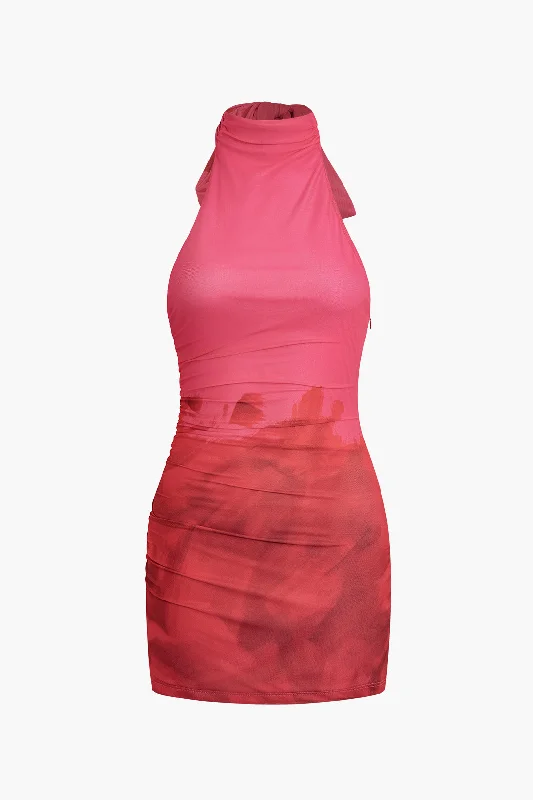 Mini dresses with criss - cross backs for a flirty lookTie Dye Halter Backless Ruched Mini Dress