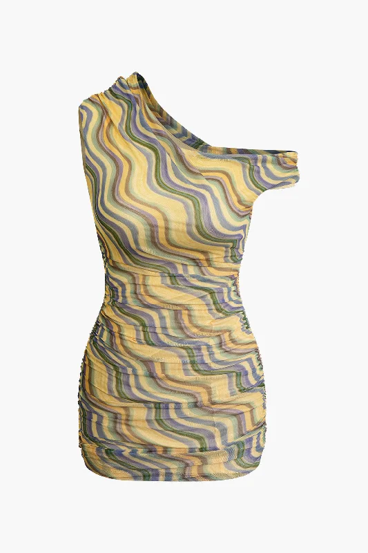 Mini dresses with gathered skirts for a voluminous effectAbstract Print Asymmetric Mesh Mini Dress