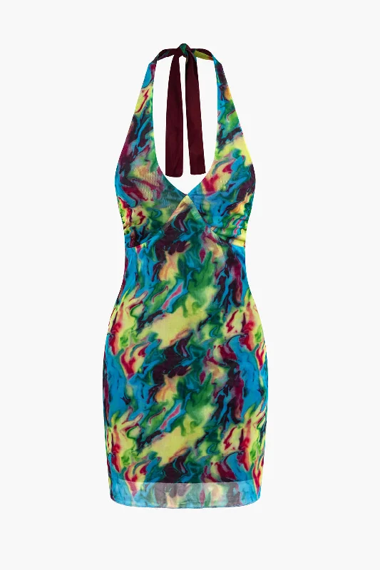 Mini dresses with pom - pom trims for a playful feelTie Dye V-neck Halter Backless Mini Dress