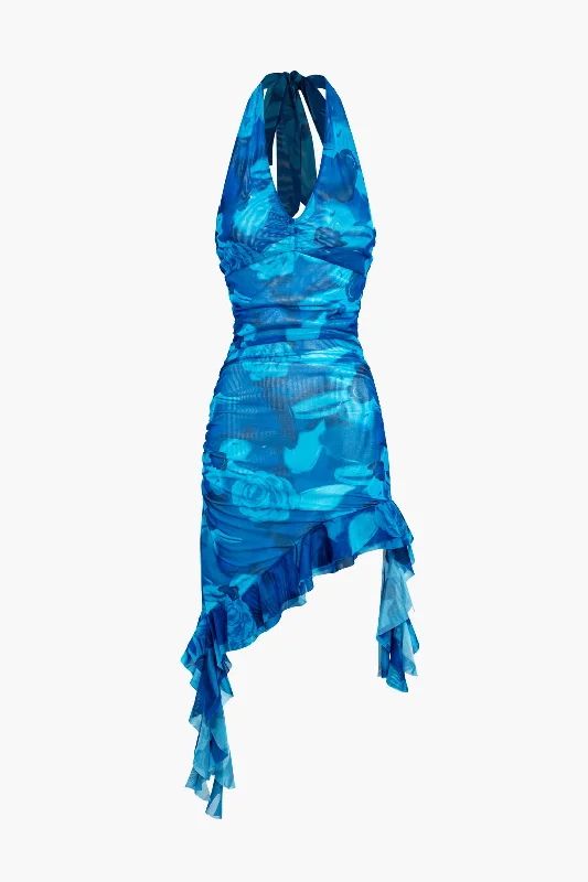 Mini dresses with asymmetric hems for a fashion - forward lookTie Dye Mesh Ruched Halter Ruffle Backless Mini Dress