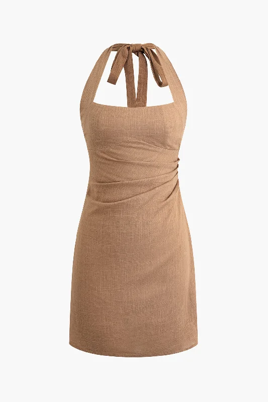 Mini dresses with side slits for a sexy appealLinen Halter Neck Ruched Mini Dress