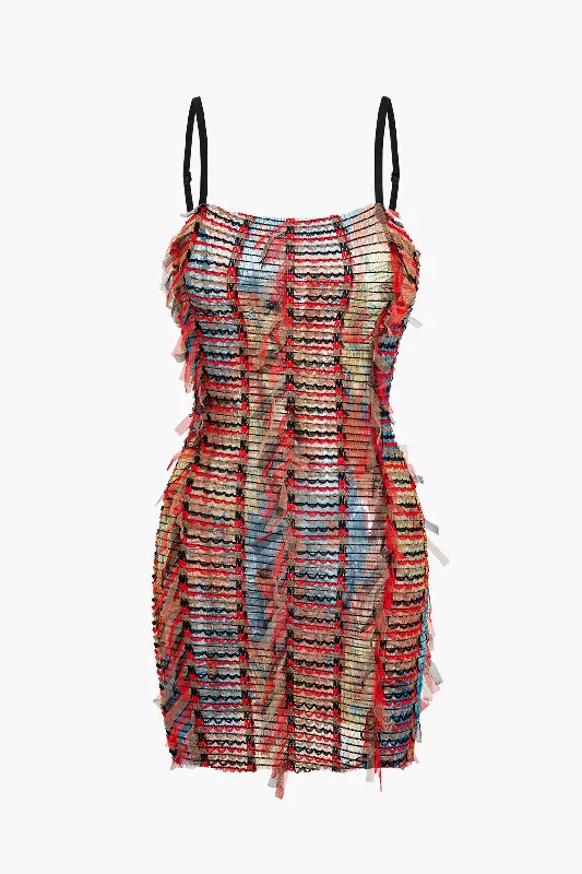 Polyester mini dresses for easy careStriped Textured Spaghetti Strap Mini Dress