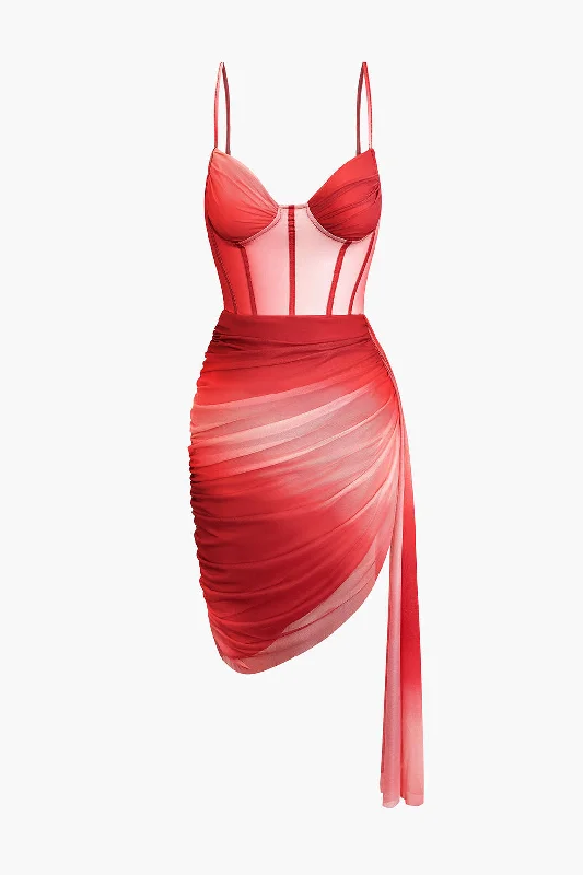 Mini dresses with cut - out details for a trendy lookOmbre Ruched Mesh Bustier Slip Mini Dress