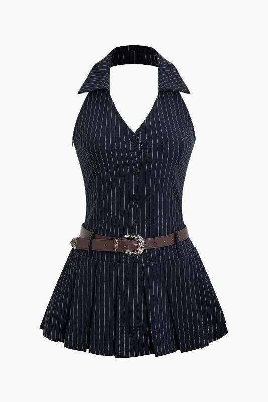 Plaid mini dresses for fall fashionStripe Print Pleated Belted Mini Dress