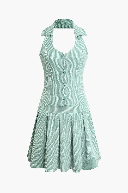 Strapless mini dresses for a beach vacationHalter Backless Pleated Mini Dress