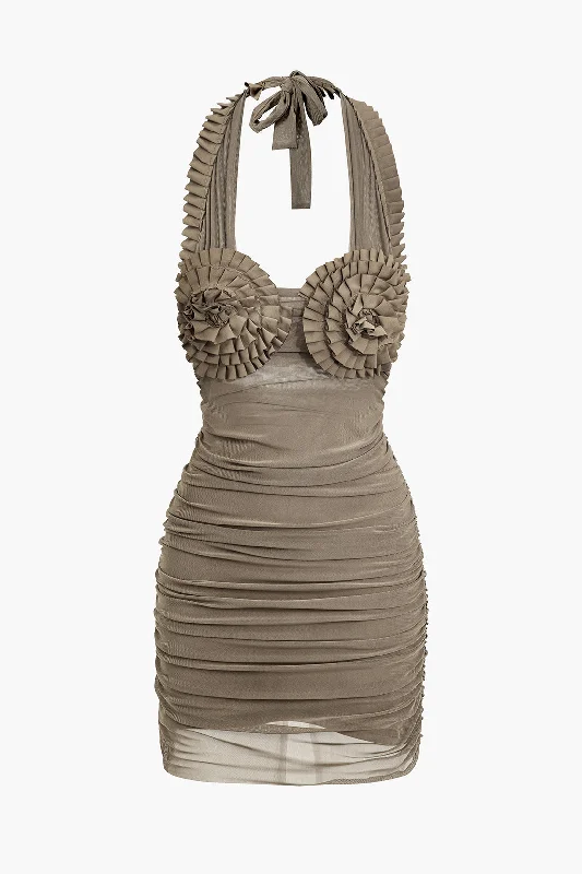 Metallic mini dresses for a glamorous eventPleated Mesh Halter Mini Dress