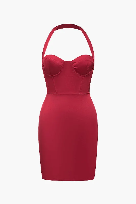 Satin mini dresses for a luxurious feelSolid Satin Halter Neck Bustier Mini Dress