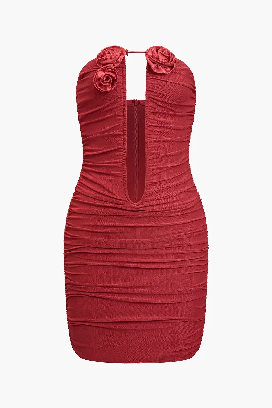 Mesh Backless Appliques Ruched V-Neck Mini Dress