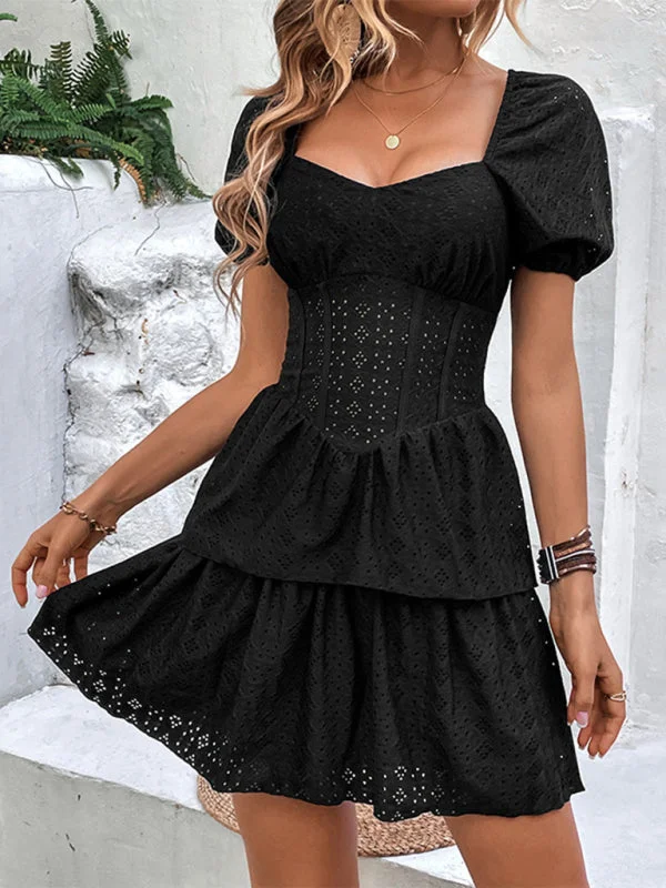 Mini dresses with one - shoulder designsBerryBetty - Women's French Retro Solid Color Tunic Square Neck Puff Sleeves Layered Cake Dress