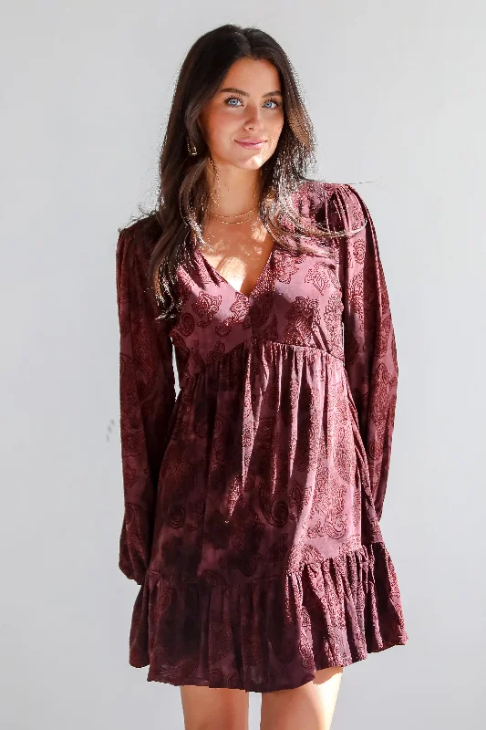 Mini dresses with belted waists for a defined silhouetteSignature Charm Wine Velvet Paisley Mini Dress