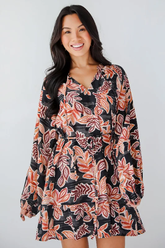 Mini dresses with high - low hems for a modern twistUndeniable Delight Black Leaf Print Mini Dress