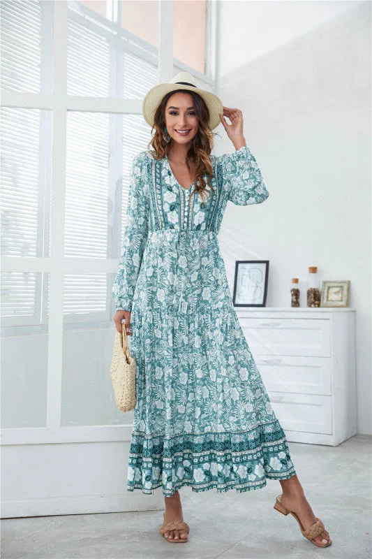 Mini dresses with one - shoulder designsBerryBetty - Women's V-Neck Front Button Lantern Sleeve Floral Print Drawstring High Waist Maxi Dress